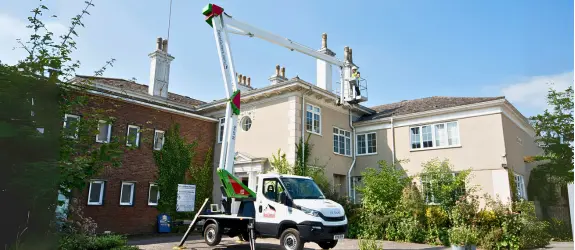 using our cherry picker on a commercial gutter cleaning job in Filwood, Hereford